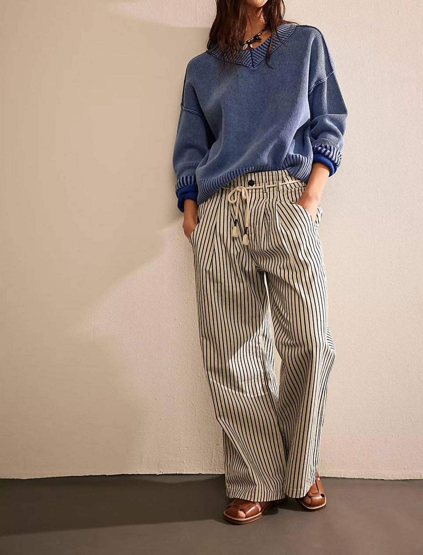 Free People - Dakota Cinched Striped Denim Trousers