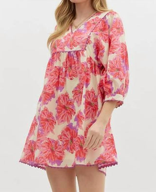 Entro - Floral 3/4 Sleeve Babydoll Mini Dress