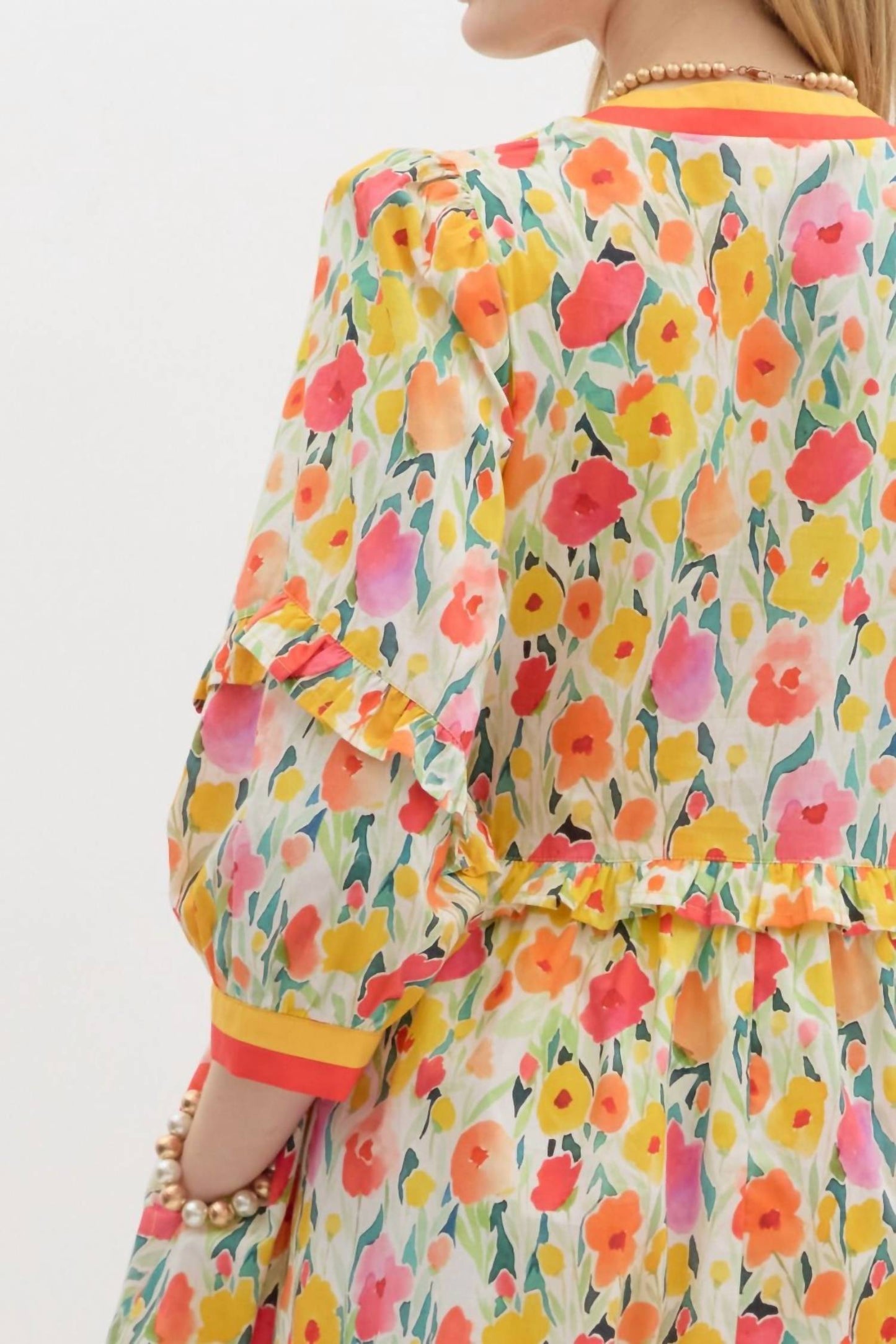 Entro - Floral Breeze Mini Dress with Ruffle Accents & Banded V-Neck Detail