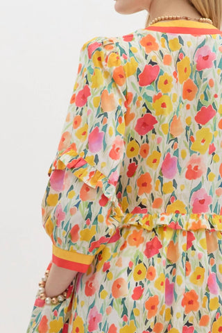 Entro - Floral Breeze Mini Dress with Ruffle Accents & Banded V-Neck Detail