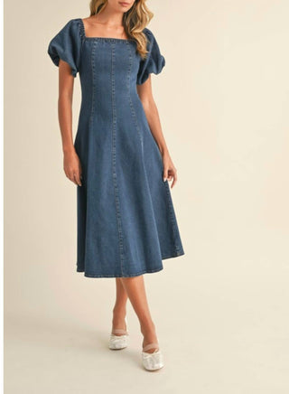 Klesis - Denim Puff Sleeve A-Line Midi Dress