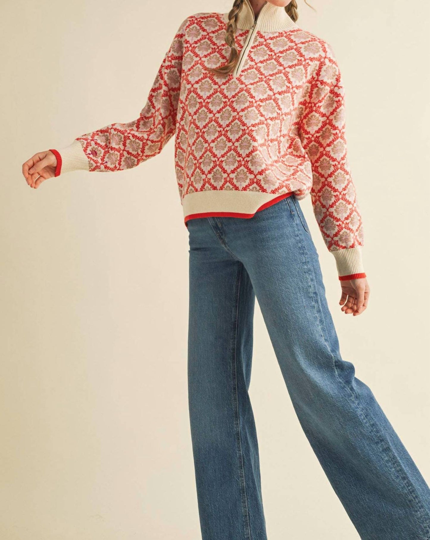&Merci - Floral Mock Neck Half Zip Pullover