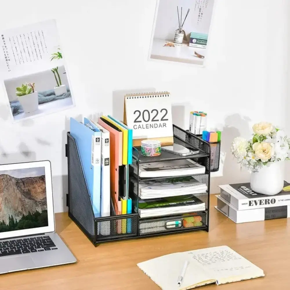 5 Tier Black Mesh Steel Desk Organizer with Side File Slots