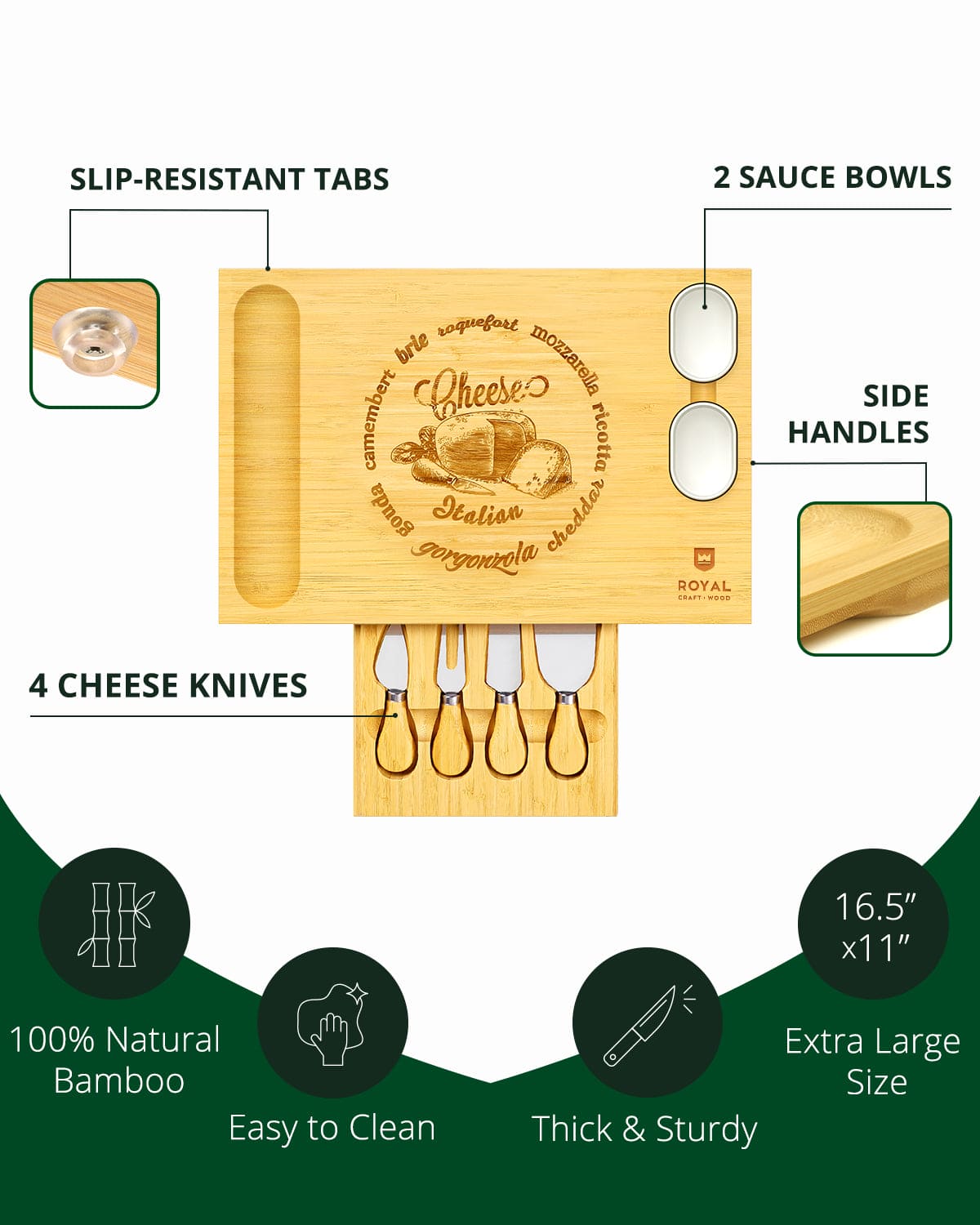 Cheese Board Set with Knives, 16.5“ x 11”