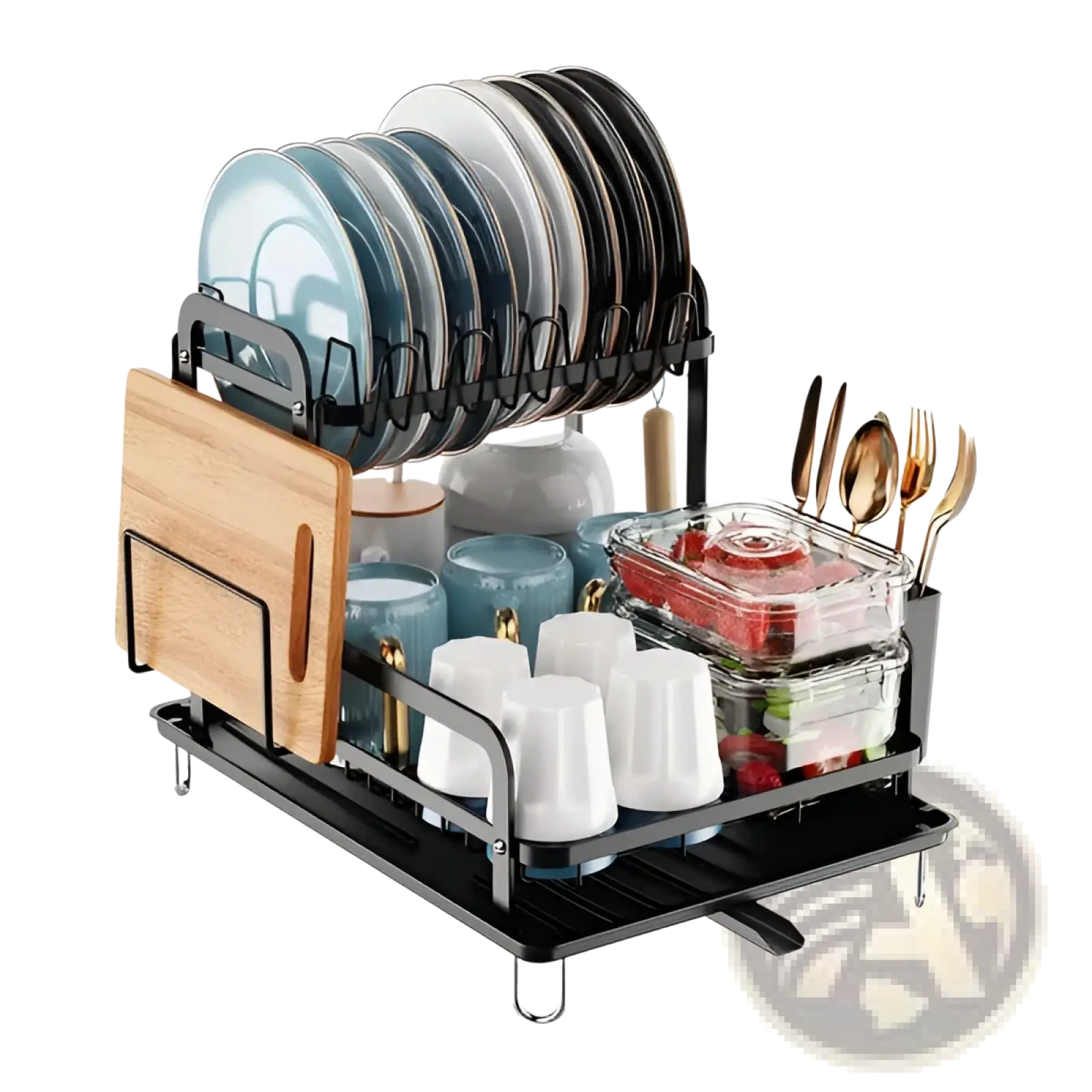 2-tier Dish Drying Rack with Drainboard and Wood Board