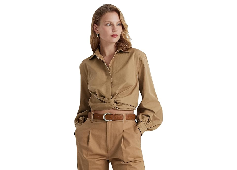 LAUREN Ralph Lauren Twist-Front Broadcloth Cropped Shirt Brown Size 4