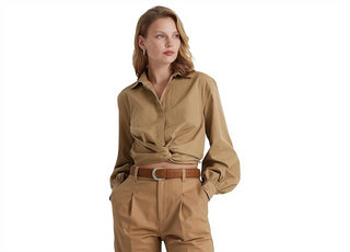 LAUREN Ralph Lauren Twist-Front Broadcloth Cropped Shirt Brown Size 4