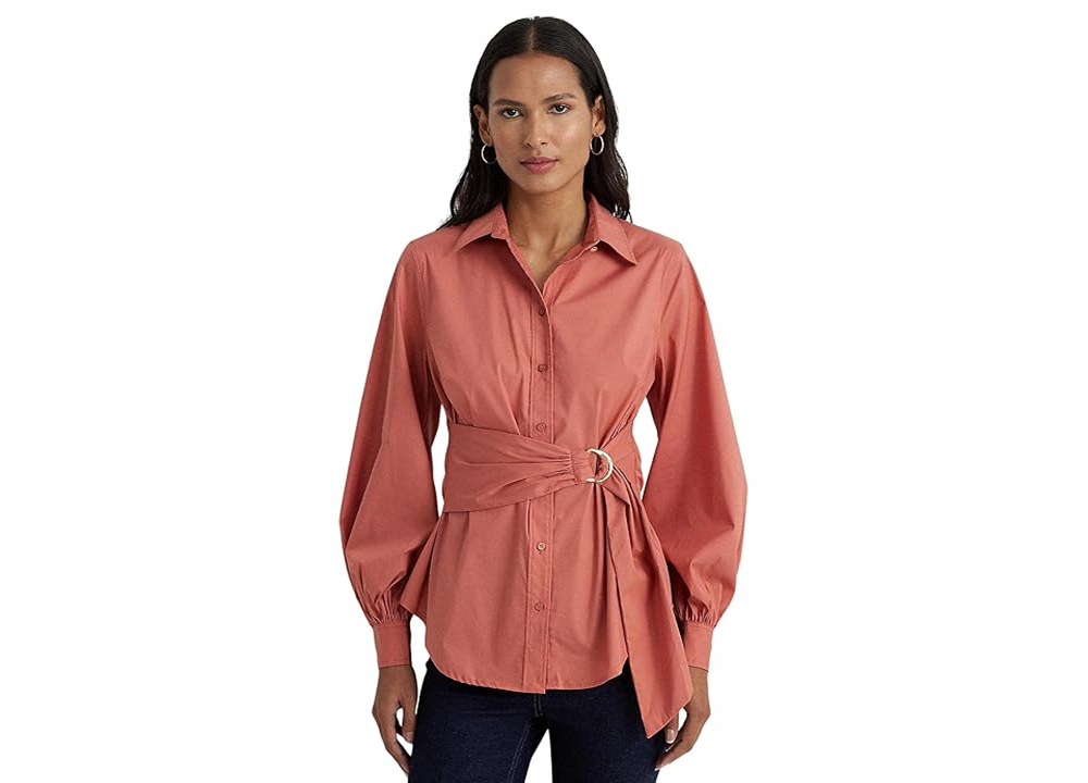 LAUREN Ralph Lauren Tie Front Cotton-Blend Shirt Pink Size XS