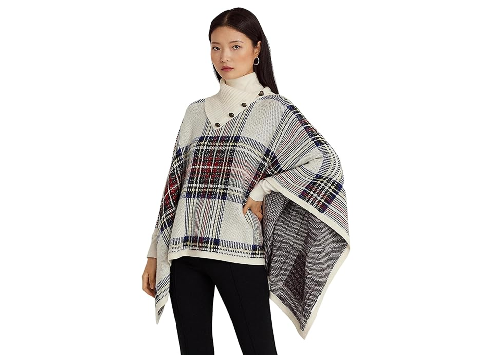 Lauren Ralph Lauren Women's Checked Plaid Wool-Blend Poncho Sweater Multi