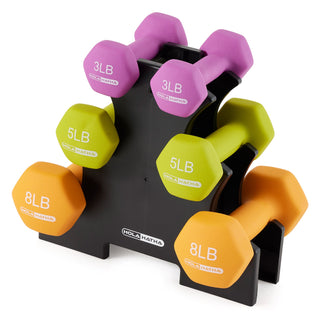 HolaHatha 3, 5, and 8 Pound Dumbbell Hand Weight Set with Storage Rack, Multi