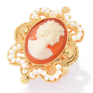Cameo Italiano "Victoria" 18x13mm Portrait Cameo & Cultured Pearl Milgrain Ring