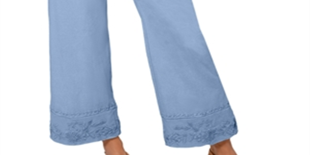 Leota Women's Lupita Floral Embroidered Ankle Wide Leg Pants Blue Size Medium