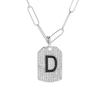 Gem Treasures Black Spinel & White Zircon Initial Dog Tag w/ Chain