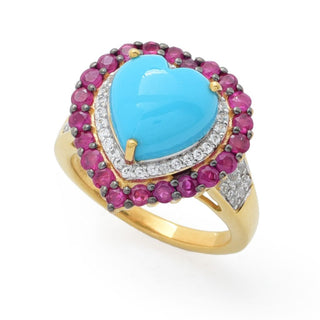 Gem Treasures Heart Shape Sleeping Beauty Turquoise, Ruby & Zircon Ring