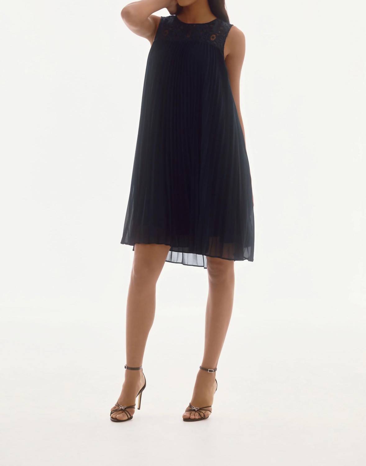Joseph Ribkoff - Lace Chiffon Pleated Trapeze Midi Dress