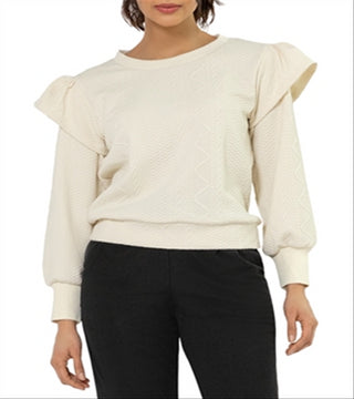 Leota Women's Ashley Ruffle Shoulder Sweatshirt White Size Small