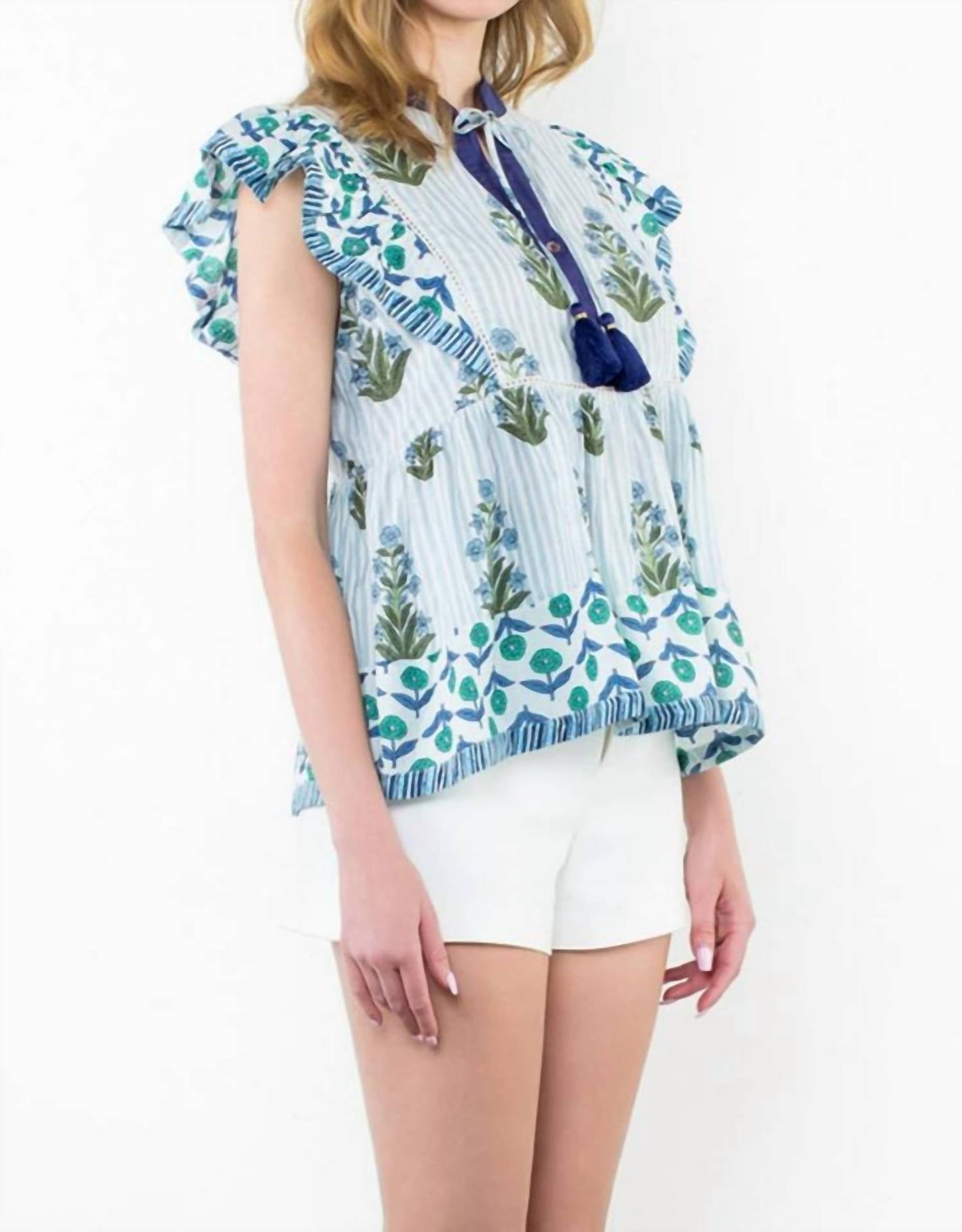 Thml - Flutter Sleeve Floral Tassel Tie Top