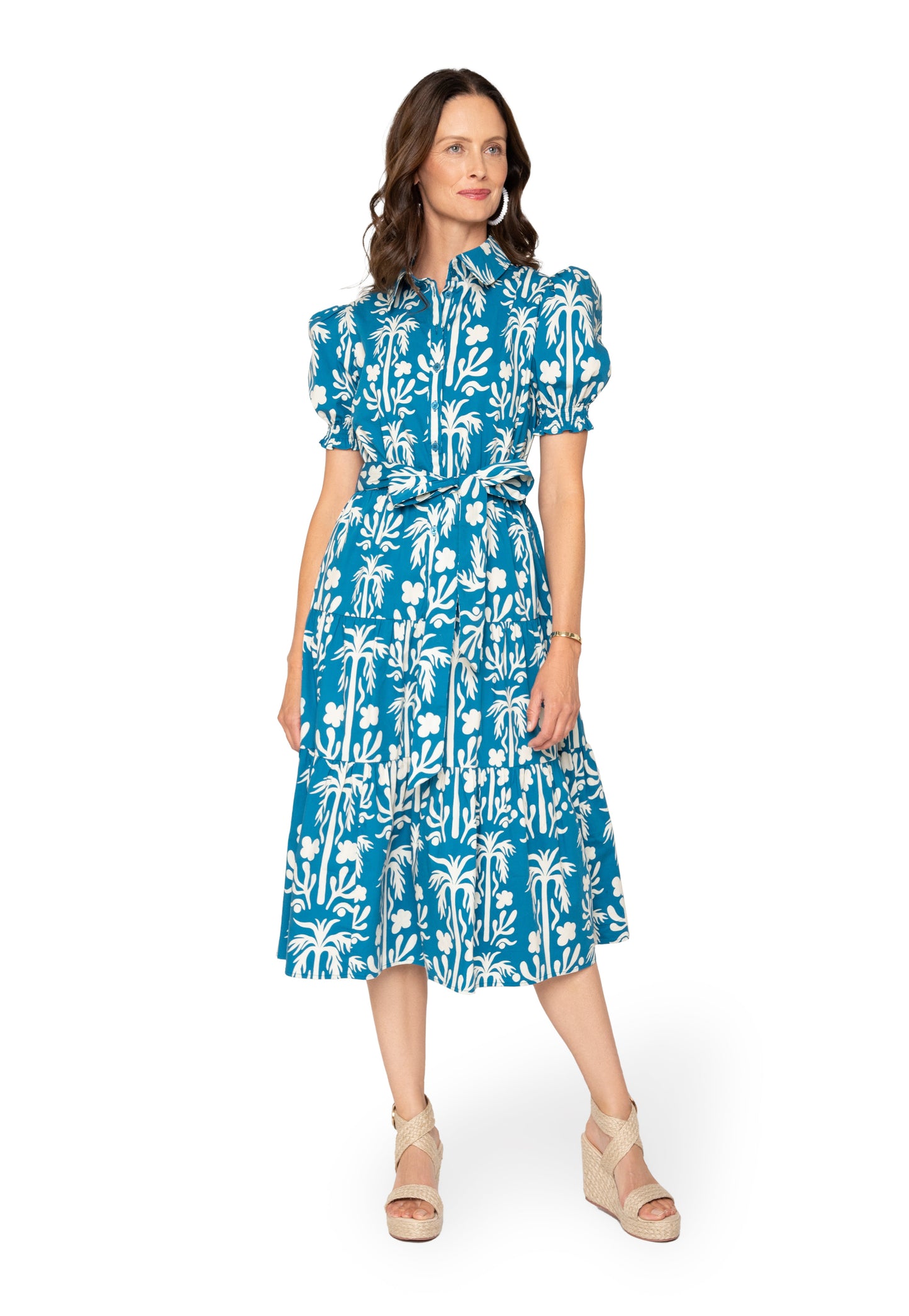 Octavia Puff Sleeve Shirt Dress Palm Fields Mykonos Blue