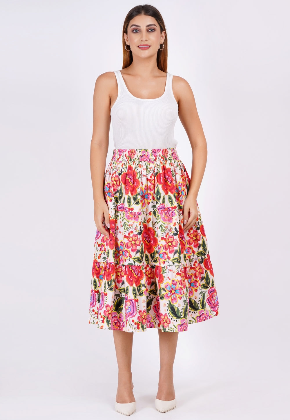 Evelyn Tiered Midi Skirt Crown Floral Flame Scarlet