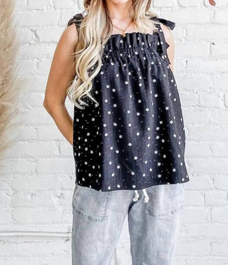 And The Why - Daisy Polka Dot Print Ruffle With Ribbon Tied Tank Top