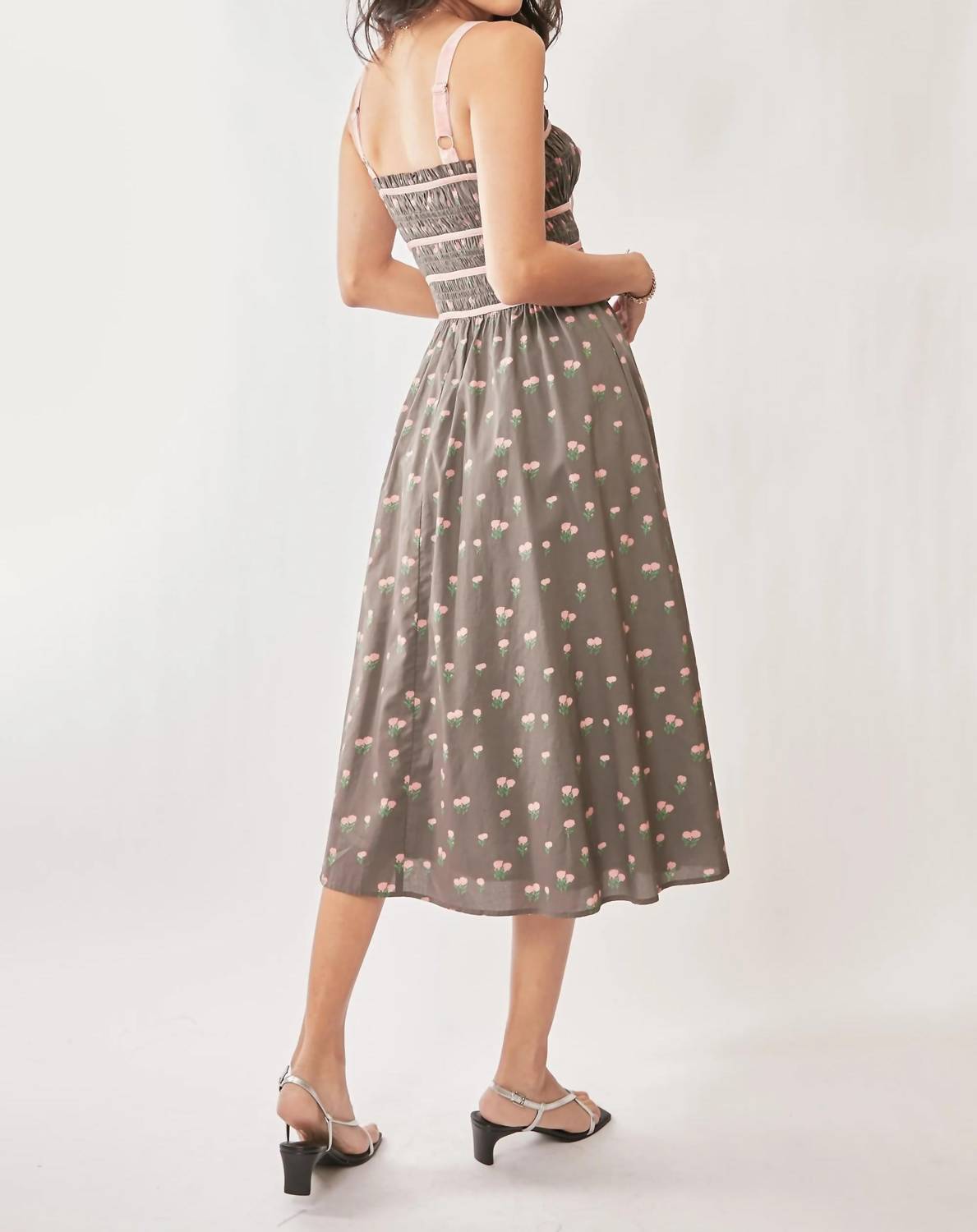 Trendsi - Davi & Dani Contrast Velvet Tape Smocking Bodice Midi Dress