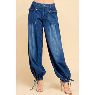 Veveret - Drawstring Hem Wide Leg Denim Pants