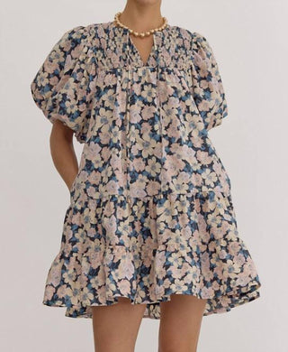 Entro - Ballina Floral Print V-Neck Bubble Sleeve Mini Dress