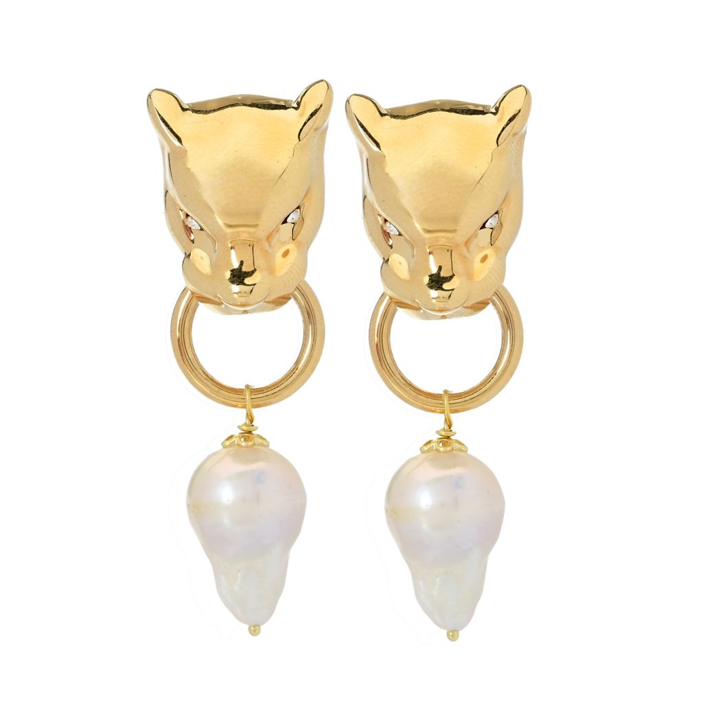 Graziella 23K Gold Plated Simulated Diamond & Baroque Pearl Panther Earrings