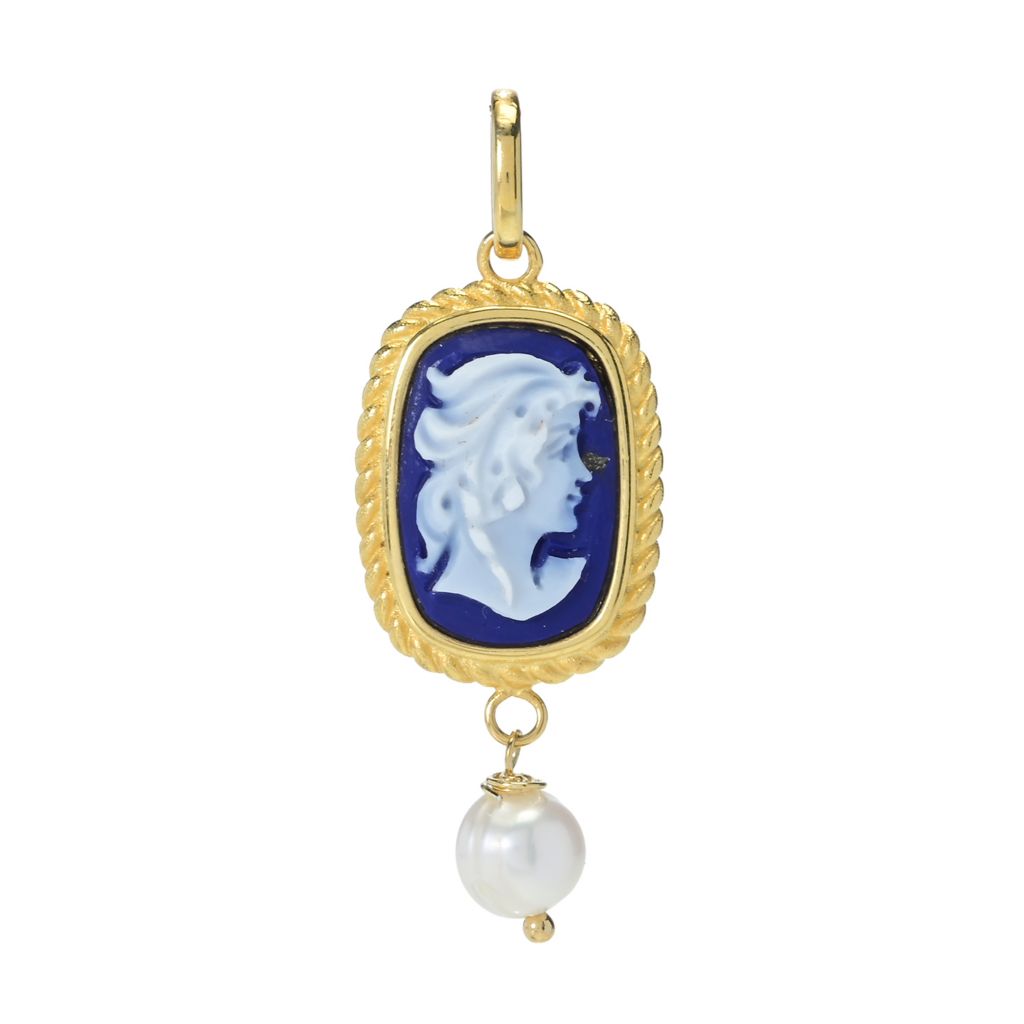 Cameo Italiano 18K Gold Plated "Raffaello" Blue Agate & Cultured Pearl Pendant