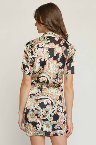 Entro - Satin Paisley Short Faux Wrap Dress