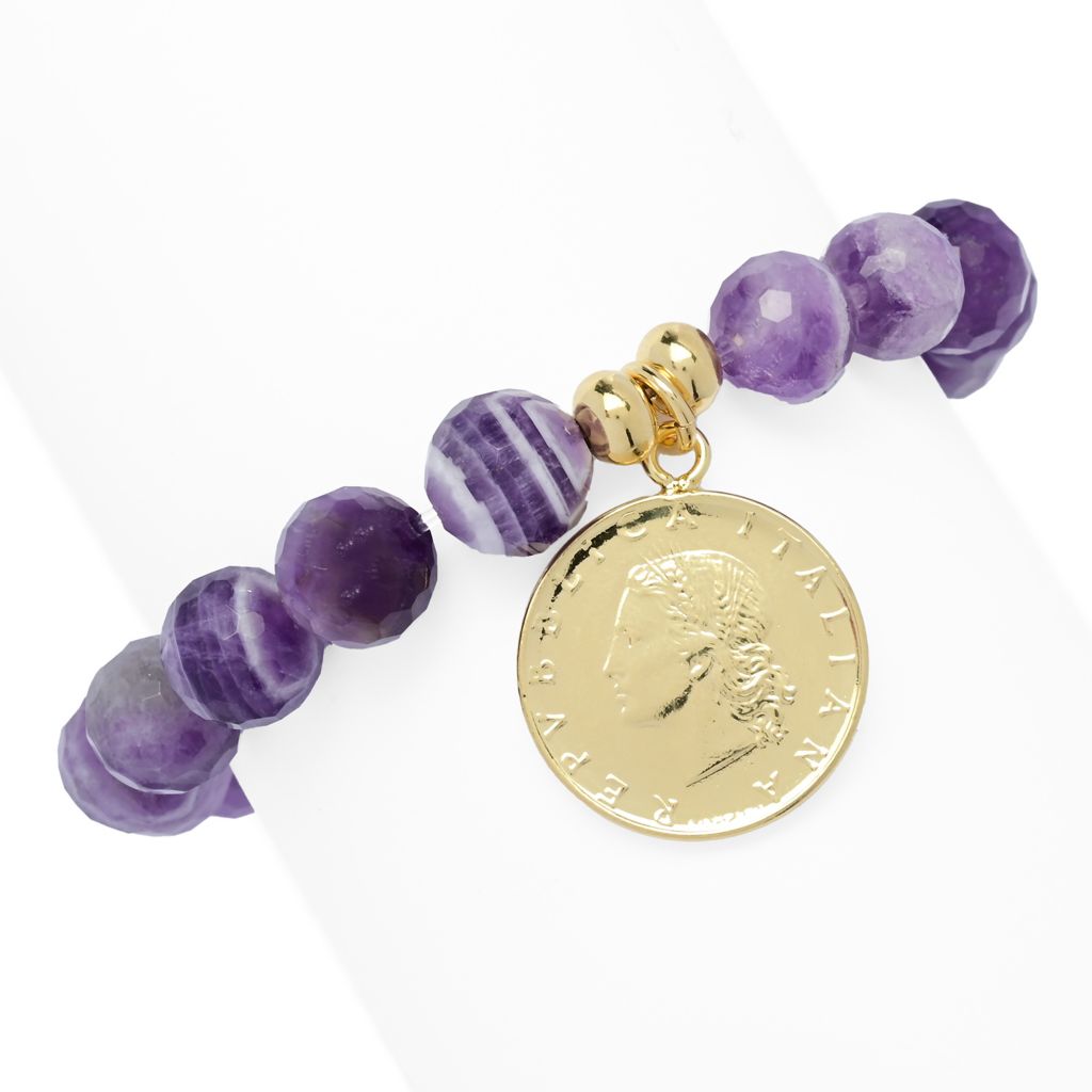 Toscana Italiana 18K Gold Plated 10m Bead Gem & Genuine 20 Lire Stretch Bracelet