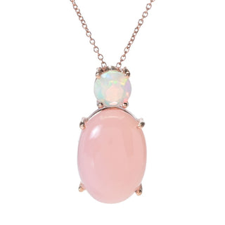 Rose Gold Plated 18x13mm Oval Pink Chalcedony & Ethiopian Opal Pendant w/ Chain