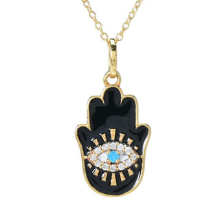 18K Gold Plated 0.19ctw Neon Apatite, Zircon & Enamel Hamsa Pendant w/ Chain