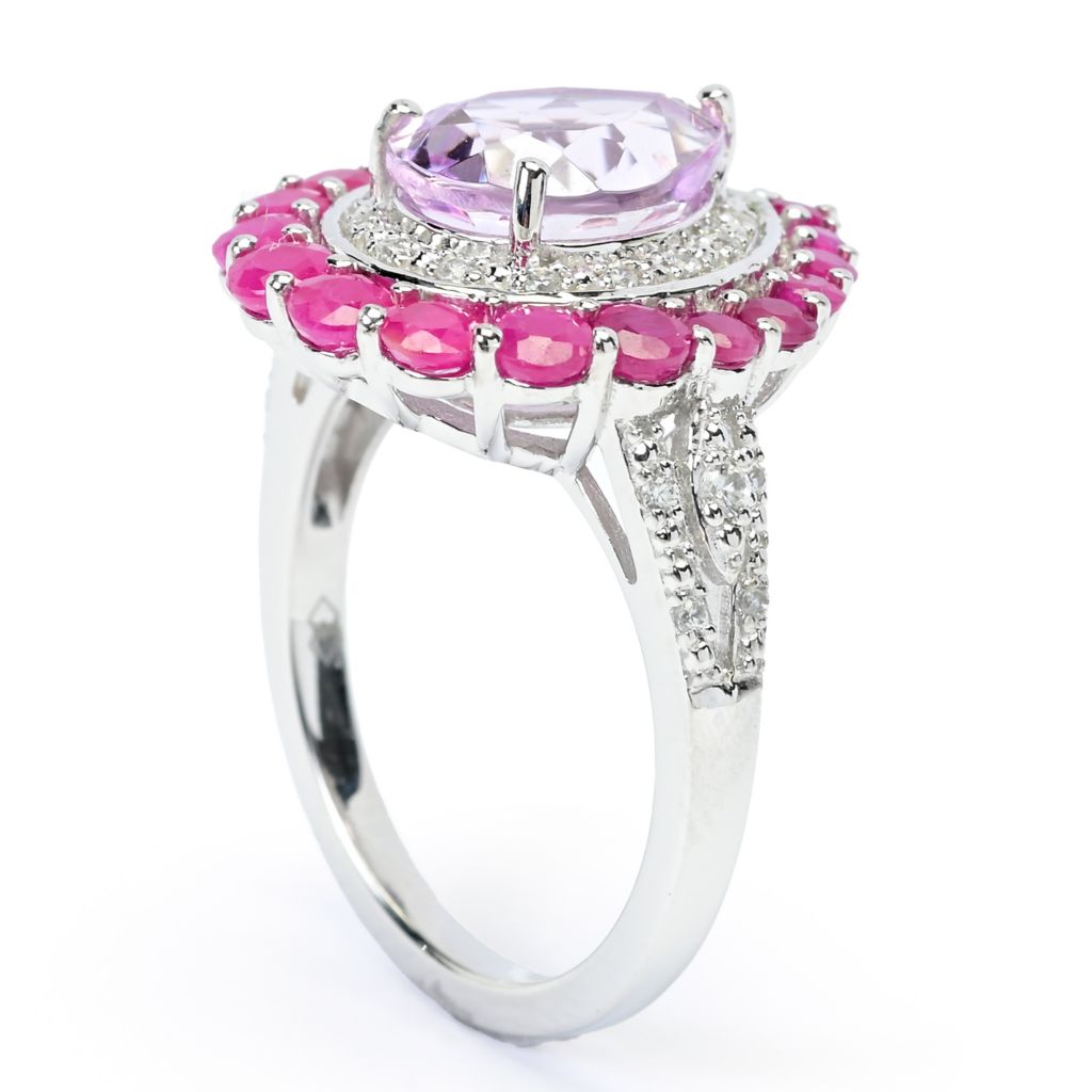 Gem Treasures 3.45ctw Kunzite, Burmese Ruby & White Zircon Halo Ring