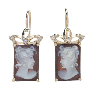 Cameo Italiano 14K Gold 13x9mm Shell Portrait Cameo & Diamond Drop Earrings