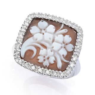 Cameo Italiano 14K Gold 14mm Floral Bouquet Cameo & Diamond Halo Ring