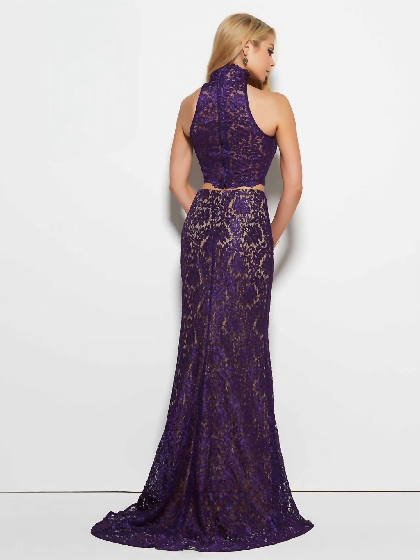 Mac Duggal - Lace Two-Piece Halter Neck Gown