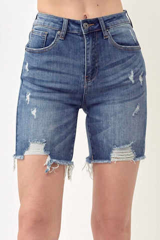 Risen - Distressed High Rise Thigh Shorts - Plus