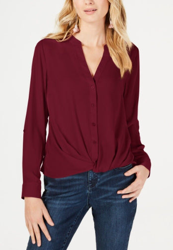 INC International Concepts International Concepts Women's Petite Twist-Front Button-Up Top Wine Size Medium