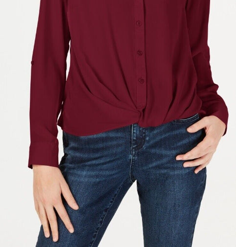 INC International Concepts International Concepts Women's Petite Twist-Front Button-Up Top Wine Size Medium