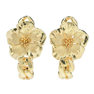 Graziella 23K Gold Plated Electroform Hibiscus Curb Link Hoop Earrings