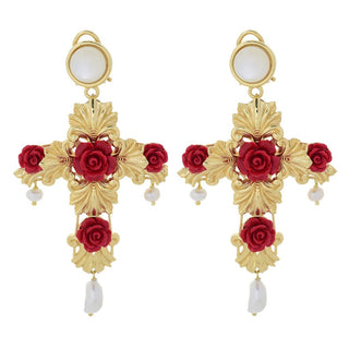 Graziella 23K Gold Plated Carved Rose Cross & Cultured Pearl Drop Earrings