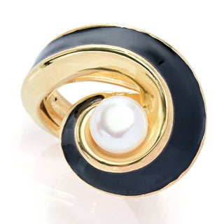 Graziella 23K Gold Plated 14mm Cultured Pearl & Enamel Wrap Ring