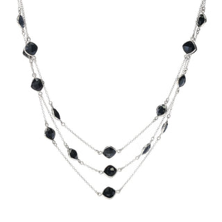 Elemental Gems 7mm Black Onyx Station 3-Row Layered Necklace