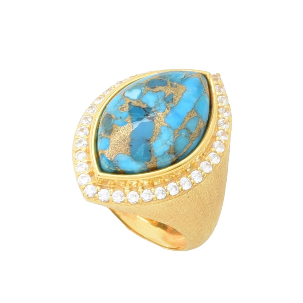 Elemental Gems 18K Gold Plated 18x11mm Blue Copper Turquoise & Zircon Halo Ring