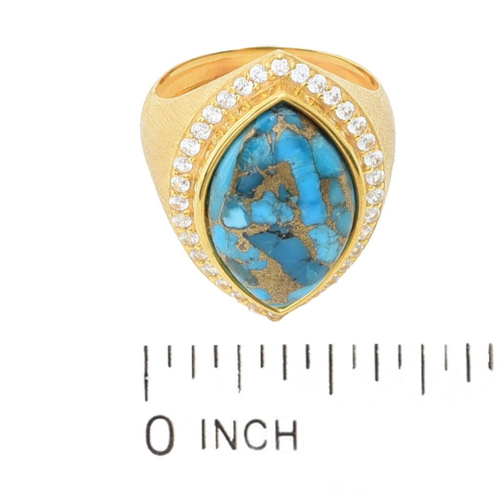 Elemental Gems 18K Gold Plated 18x11mm Blue Copper Turquoise & Zircon Halo Ring