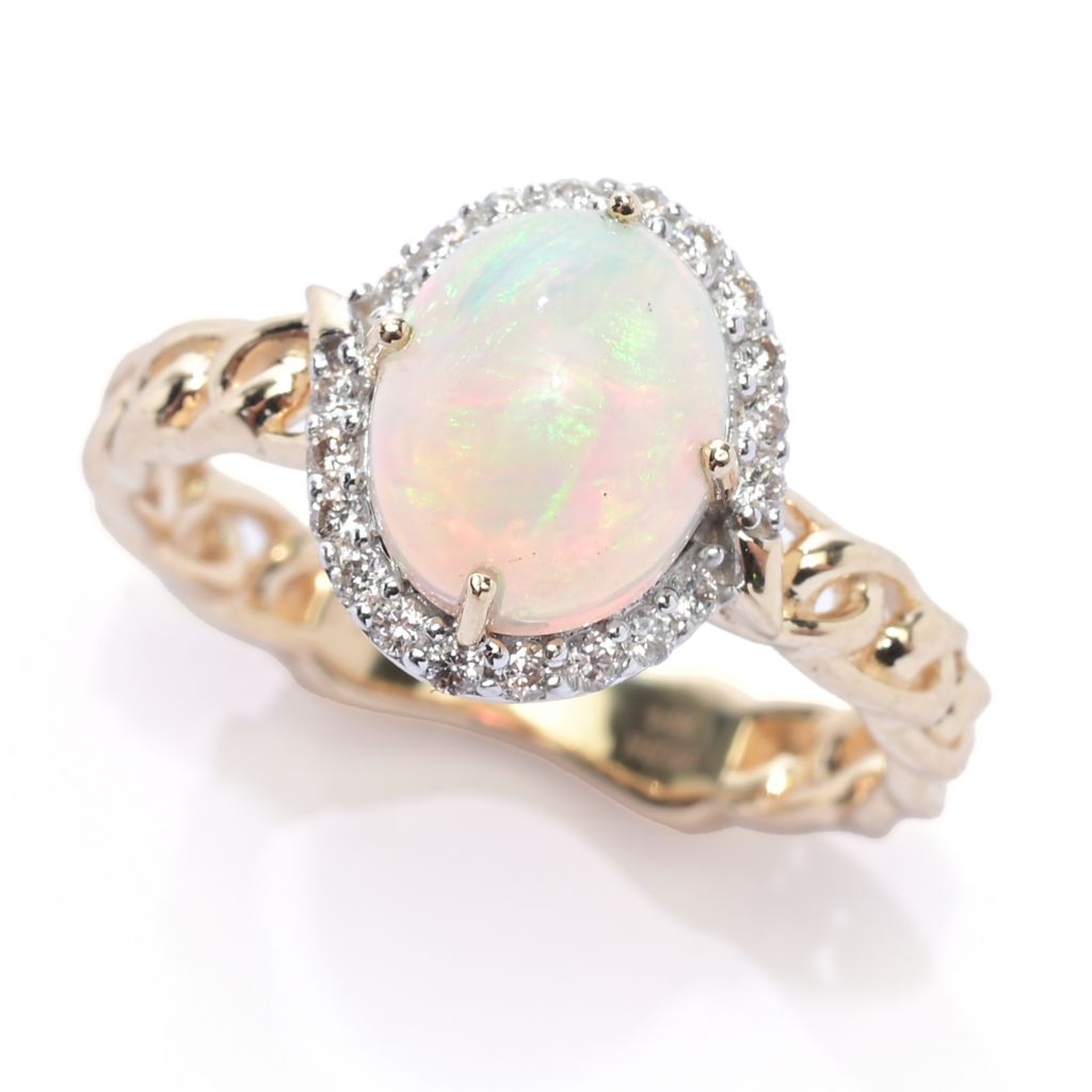 D'Arte 14K Cuban Gold 9x7mm Ethiopian Opal & Diamond Halo Ring