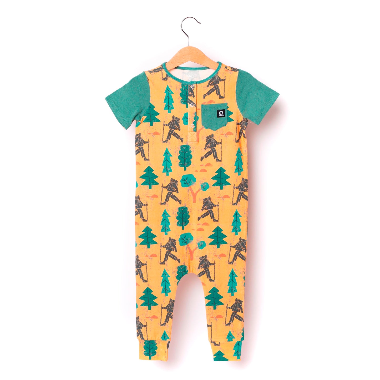 RAGS Apparel Kid's Short Sleeve Henley Pocket Rag Romper Yellow Size 2T