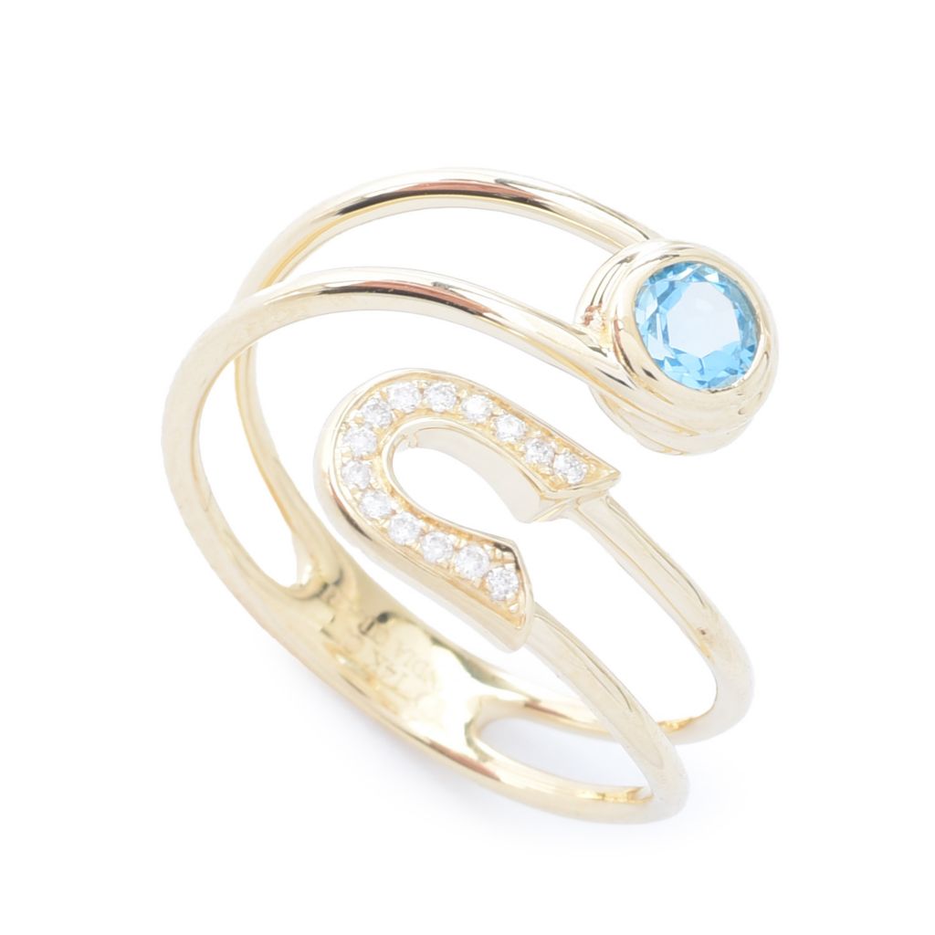 CIRARI 14k Gold 0.38ctw Swiss Blue Topaz & Diamond Safety Pin Wrap Ring