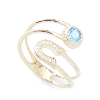 CIRARI 14k Gold 0.38ctw Swiss Blue Topaz & Diamond Safety Pin Wrap Ring